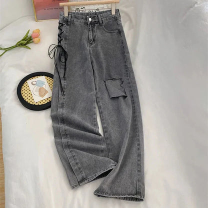 vmtvr Y2K Women Lace Up Jeans Summer All Match Streetwear Female Ripped Denim Trousers American Retro Loose Wide Leg Pants New