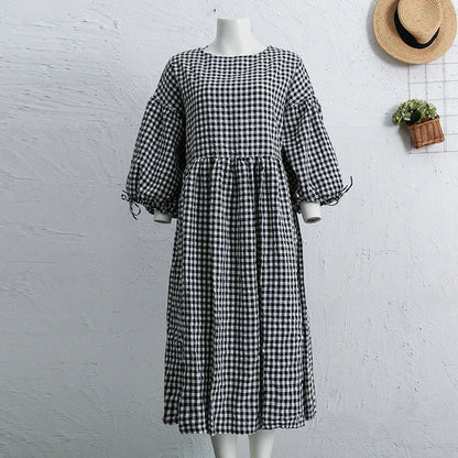 vmtvr  -  Elegant Dresses For Women 100% Cotton Plaid Casual Summer Loose Puff Sleeve Birthday Party Dress For Female Long Maxi Dress