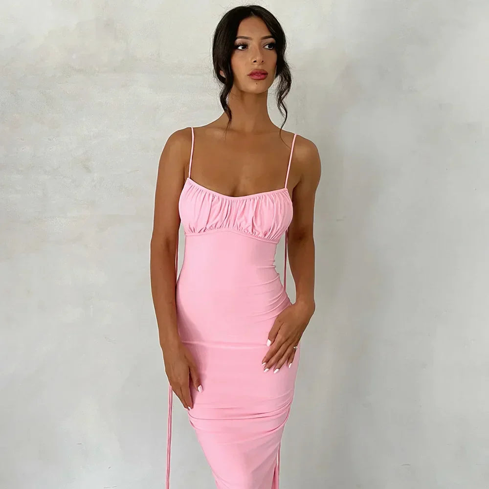 vmtvr Spaghetti Strap Sexy Backless Maxi Dress Outfits Women Elegant Birthday Vestido Summer Club Party Ruched Dresses