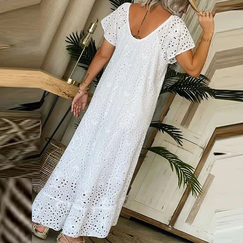 vmtvr  -  Fashion O-neck Ruffled Long Dress Elegant Lace Crochet Hollow Loose Party Dress Women Casual Short Sleeve Solid Maxi Dress