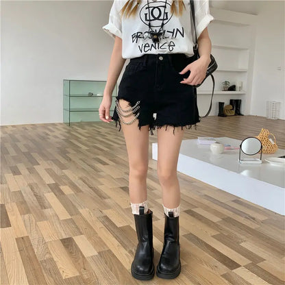 vmtvr Summer Harajuku Chain Denim Shorts Fashion High Waist Hollow Out Shorts Women Jeans Casual A-line Pants Sexy Streetwear Shorts