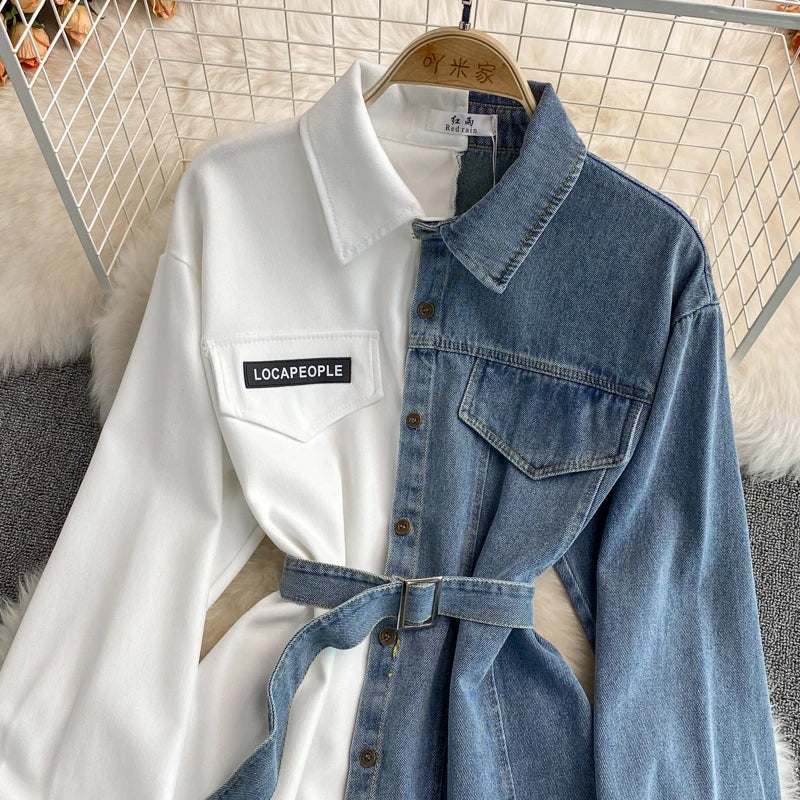 vmtvr  -  New Arrival | Korean Style Denim Patchwork Dress | Slimming Waist Turn-Down Collar | Irregular Midi Shirt Dress | Office