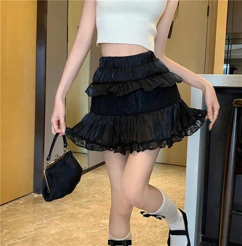 vmtvr Summer Sweet Skirts Women High Waist Slim A-line Gauze Jupe Faldas Mujer Korean Fashion Mini Skirt Black White Y2k Clothes