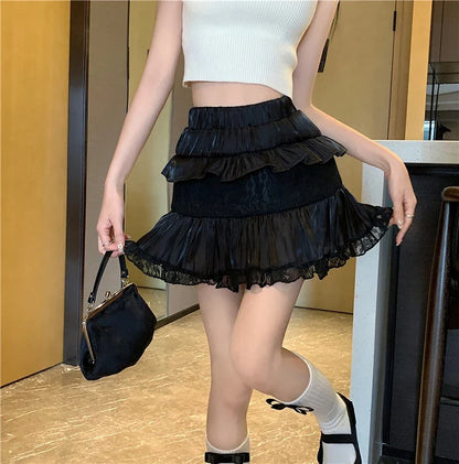 vmtvr Summer Sweet Skirts Women High Waist Slim A-line Gauze Jupe Faldas Mujer Korean Fashion Mini Skirt Black White Y2k Clothes