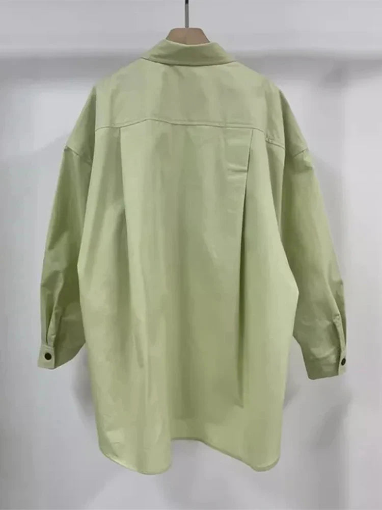 vmtvr Loose Shirts Women Light Green Casual Long Sleeves Shirt Female 2024 Spring Summer 100% Cotton Pocket Single Breasted Tops Lady