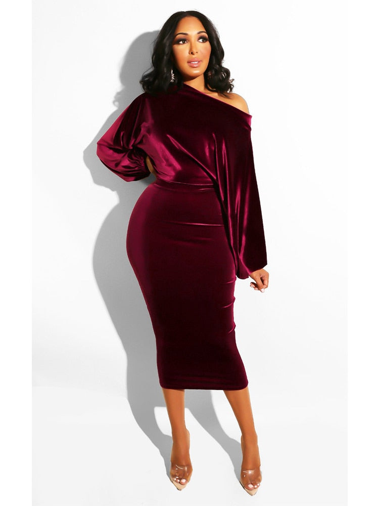 vmtvr - Autumn Elegant Velvet Evening Dress Women Sexy One Off Shoulder Long Sleeve Bodycon Party Midi Dress 2022 Winter Clothes