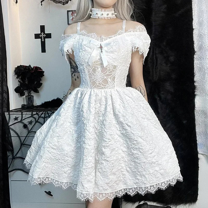 vmtvr  -  Gothic Cosplay Women's Party Dress Black White Red Halloween Harajuku Lolita Kawaii Sundress Cute Soft Girl Y2k Short Dresses