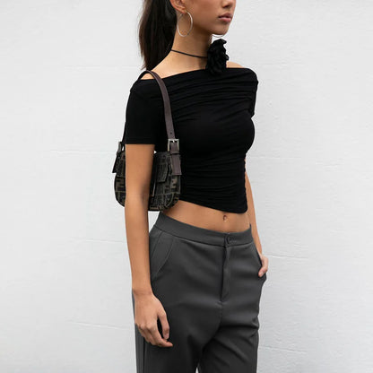 vmtvr 2024 Summer New T-shirt Women Sexy Short Sleeve Tees Slash Neck Folds Crop Top Casual Fashion Streetwear Bodycon Solid T-shirts