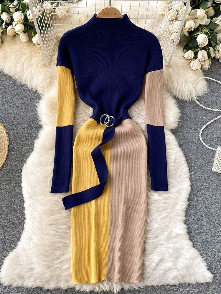 Women Dress Autumn Winter Elegant Color Patchwork Knitted Sweater Dress with Belt Office Lady Package Hips Bodycon