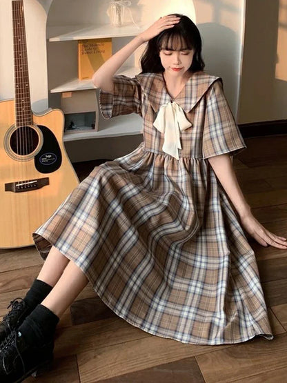 vmtvr Japan Sweet Sailor Collar Plaid Dress Women Fashion Preppy Style Cute Bow Short Sleeve Midi Dress Summer Lace Up Vestidos