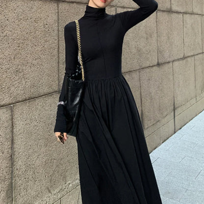 vmtvr  -  New Autumn French Midi Dresses Women Elegant Chic Turtleneck Fashion Casual A-Line Black Long Sleeve Cotton Female Clothing