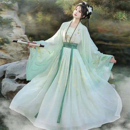 Hanfu Women Chinese Traditional Embroidery Stage Dance Dress Female Fairy Cosplay Costume Hanfu Gradient Blue&Green For Women