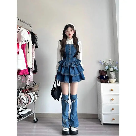 vmtvr  -   Autumn Camisole Jean Dress Sleeveless Denim Slim Vintage Y2k Mini Dress Women 3 Piece Dress Set Korean Fashion Clothing