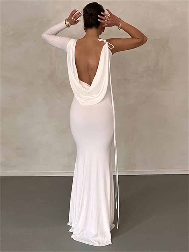 Lace Up One Shoulder Long Sleeve V-Neck Bodycon Maxi Dress For Women Birthday Party Evening Prom Autumn Sexy Y2K Clothes