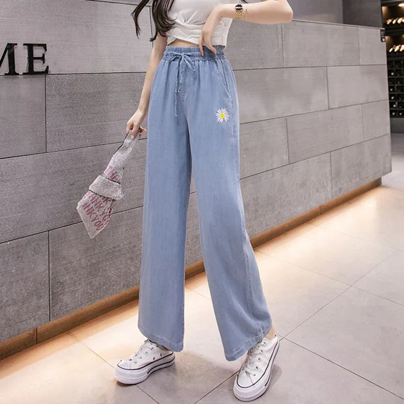 vmtvr Y2K High Waist Women Pants Korean Chrysanthemum Embroidery Loose Wide Leg Pants Summer Fashion Casual Female Ankle Length Pants