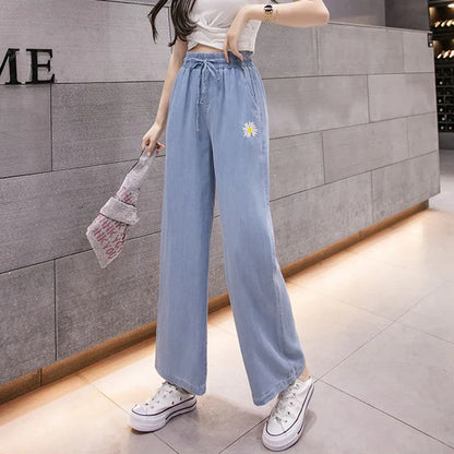 vmtvr Y2K High Waist Women Pants Korean Chrysanthemum Embroidery Loose Wide Leg Pants Summer Fashion Casual Female Ankle Length Pants