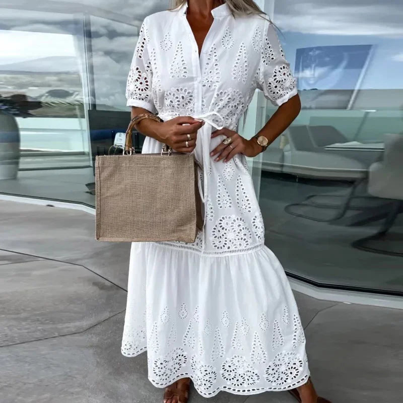 vmtvr Summer New Elegant Lace Embroidery Stitch Pleated Dresses Womem Stand Collar Button-up Party Dress Hollow Formal Female Vestidos