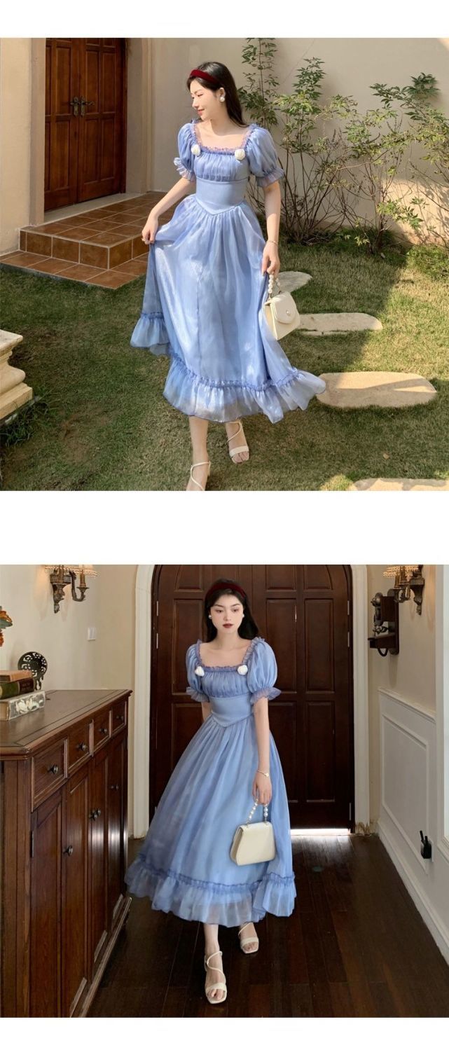 vmtvr France Elegant Sweet Dress Women Autumn Winter Vintage Eveving Party Midi Dresses Chic Korean Retro Blue Fairy Dress 2023 New