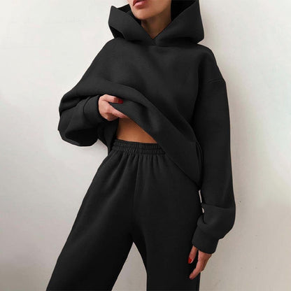 Fleece-Lined Tracksuits Women Casual Solid Warm Suits Hoodies Sweatpants Autumn Winter Pullover Sweatshirts Pants 2 Piece Set