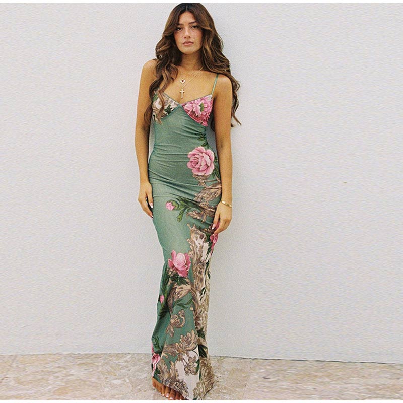 vmtvr Sleeveless Floral Print Suspender Dress Women Fashion V-neck Slim Maxi Dresses  Summer Chic Female Beach Party Club Robe