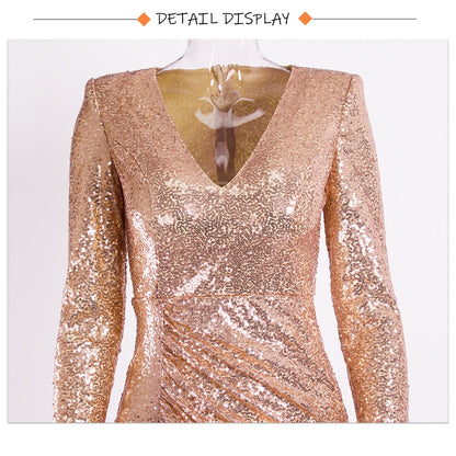 vmtvr - Formal Dinner V Neck Long Sleeve Gold Stretch Sequin Evening Party Dress Split Full Lining Pad Shoulder Prom Gown Winter Women