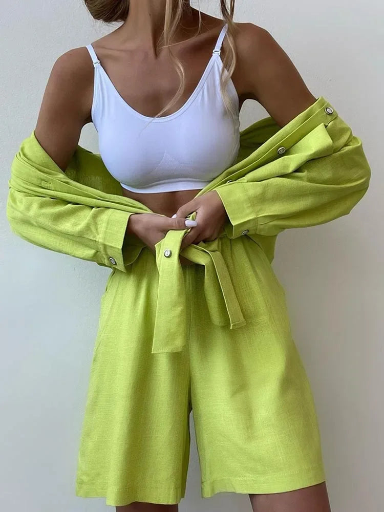 vmtvr Summer Women's Suit Solid Cotton Casual Shorts and Shirts 2 Piece Sets Womens Outfits Linen Fashion Blouse Women's Suit 2024