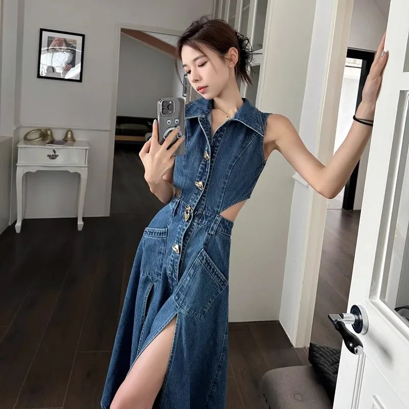 vmtvr Retro Denim Dress Women's Summer New Shirt Collar Hollow Split Waist Long Skirt Sleeveless One-piece Sexy Denim Dresses