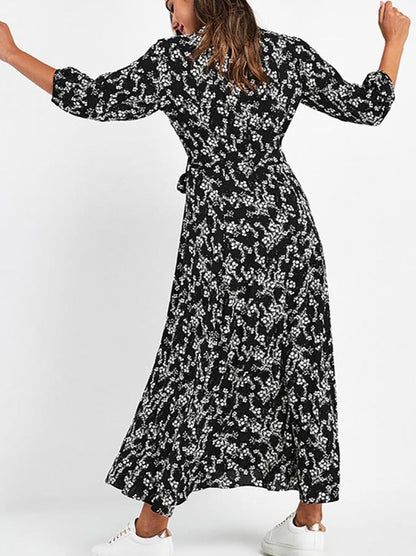 Vintage Floral Print Maxi Boho Three Quarter Sleeve Dress