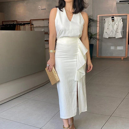 vmtvr Commuter Lady Elegant Solid 2pcs Suit Spring V-neck Tank Top and Ruffle Skirts Outfits Summer Sleeveless Slim Women Set Harajuku