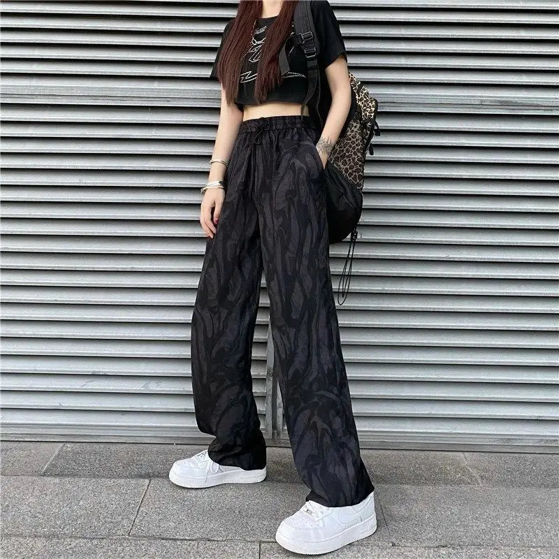 vmtvr Summer Thin Women Tie Dyed Sports Pants Harajuku Korean Fashion High Waist Hip Hop Vintage Pockets Black Loose Casual Trousers