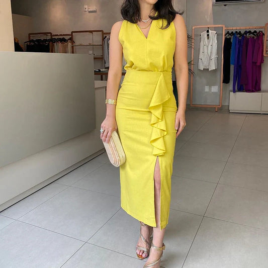 vmtvr Commuter Lady Elegant Solid 2pcs Suit Spring V-neck Tank Top and Ruffle Skirts Outfits Summer Sleeveless Slim Women Set Harajuku