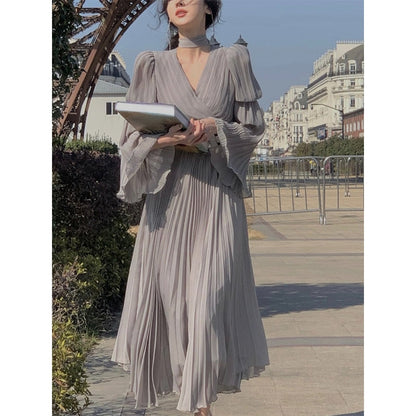 vmtvr -  Spring Elegant V-Neck Midi Dress Office Lady Long Sleeve Casual One Piece Dress Korean French Vintage Chiffon Dress Women