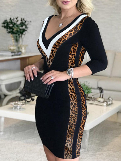 vmtvr - Contrast Color Striped Tape Bodycon Dress Women Sexy V Neck Long Sleeve Party Dress