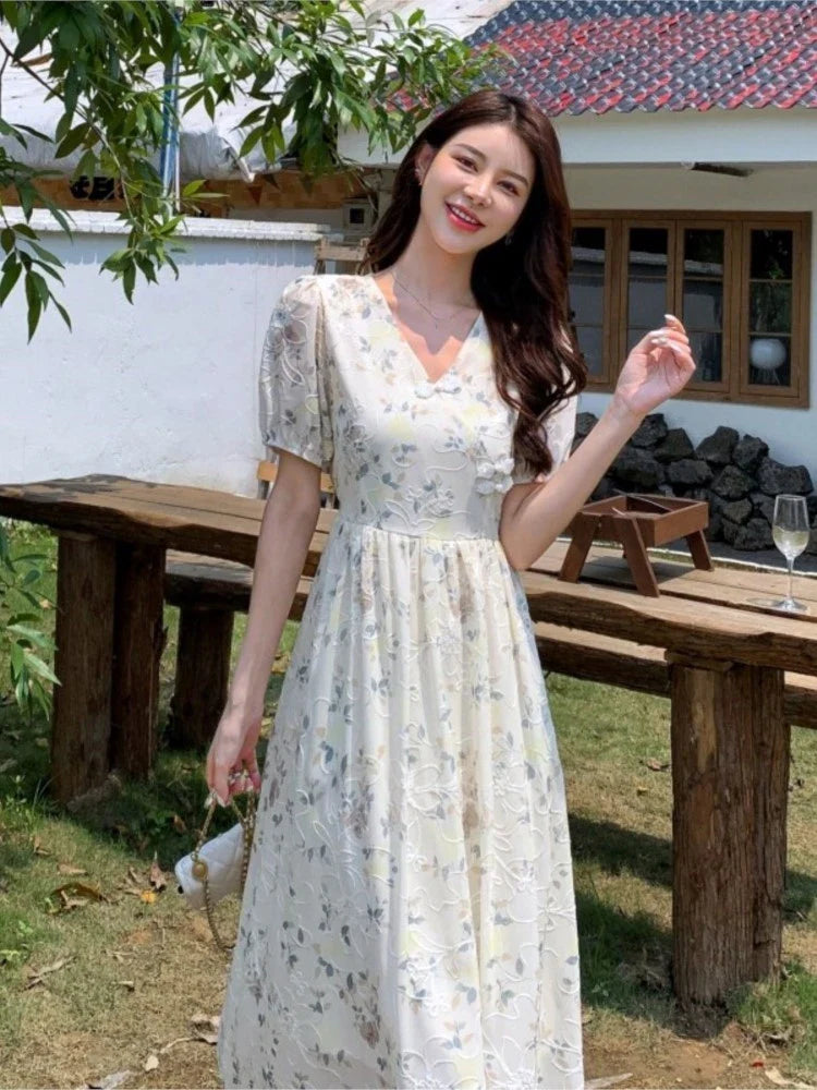 vmtvr Summer New Chinese Style Midi Dresses for Women Floral Printed V-neck Puff Sleeve A-line Casual Elegant Dress One Piece Vestido