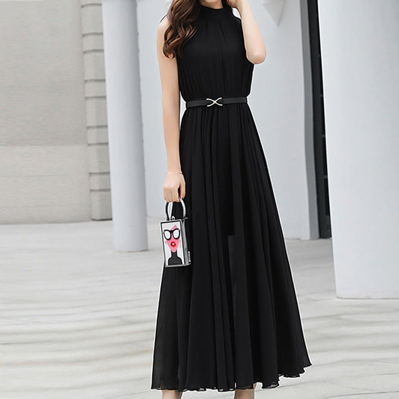 Simple Elegant Ladies Sleeveless Black Red Chiffon Long Dresses Women&#39;s Summer Fashion Ruffled Halter High Waist Maxi Dress Robe