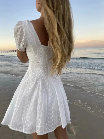 vmtvr  -  White lace embriodery summer beach dress women elegant hollow out lace up short dress off shoulder puff sleeve sheer dress