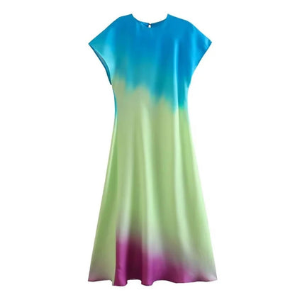 Women's Fashion Print Short Sleeve Dress Vintage Tie Dye O-Neck Midi Dresses Spring Female Casual Chic Satin Dress