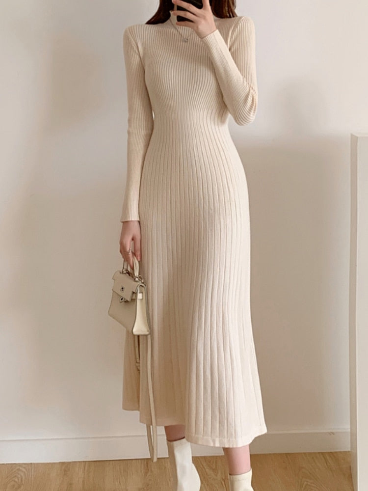 vmtvr - Autumn Winter  Slim Long Sleeve Party Midi Dress for Women Knitted Half High Collar Elegant Knitted Sweater Dresses Ladies