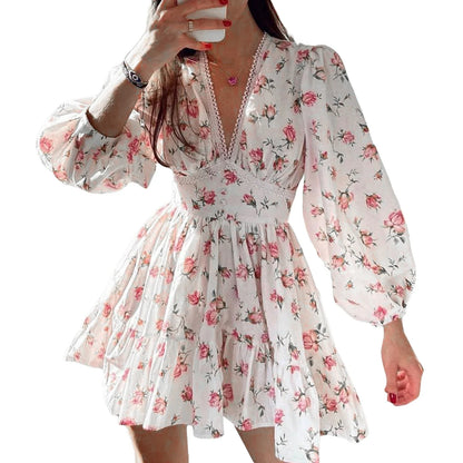 vmtvr Women Elegant Summer Dress Long Sleeve Floral Print Mini Dress Deep V Ruffle A-Line Fairy Flowy Swing Mini Dress