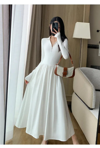 vmtvr  -  Korean Vintage White Long Sleeve Knitted Midi Dresses for Women Autumn Casual Fashion Slim Elegant Party Female Clothing