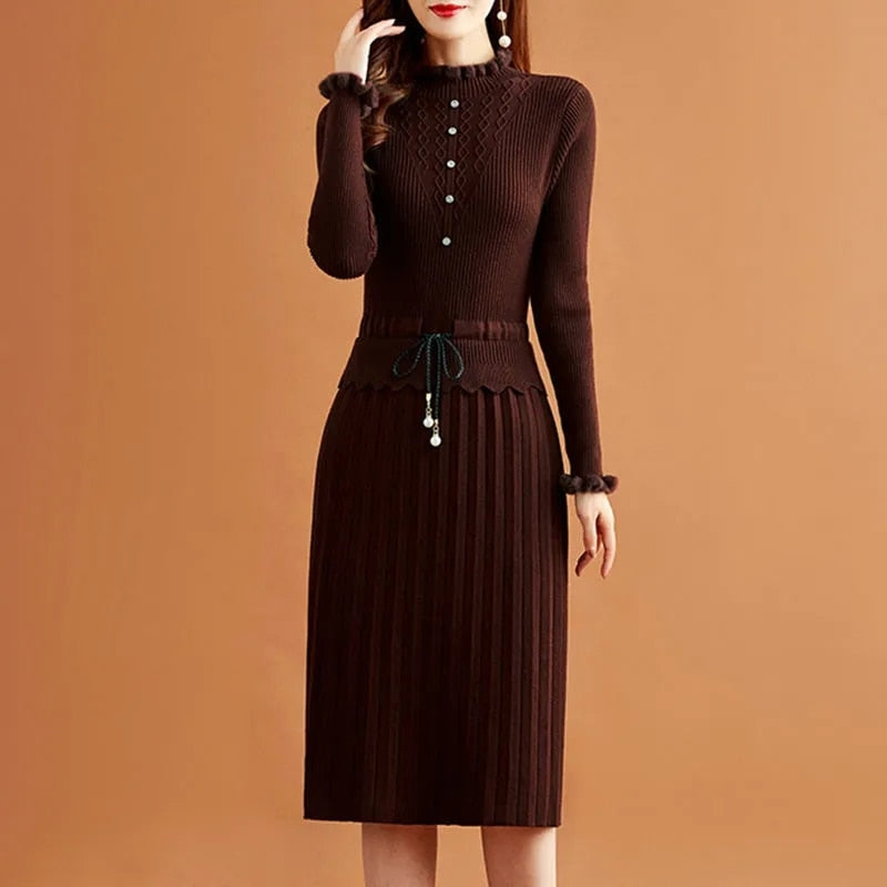 vmtvr - Fake Two Pieces Pleated Knitted Dress Women Vintage Ruffle Long Sleeve Bottoming Sweater Dresses Fall Casual Slim Midi Vestidos