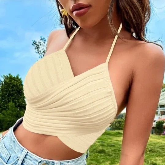 vmtvr Summer Women Sexy Cross Halter Knitting Camis New Fashion Female Clothing Black White Contrast Sweet Short Crop Top Tanks