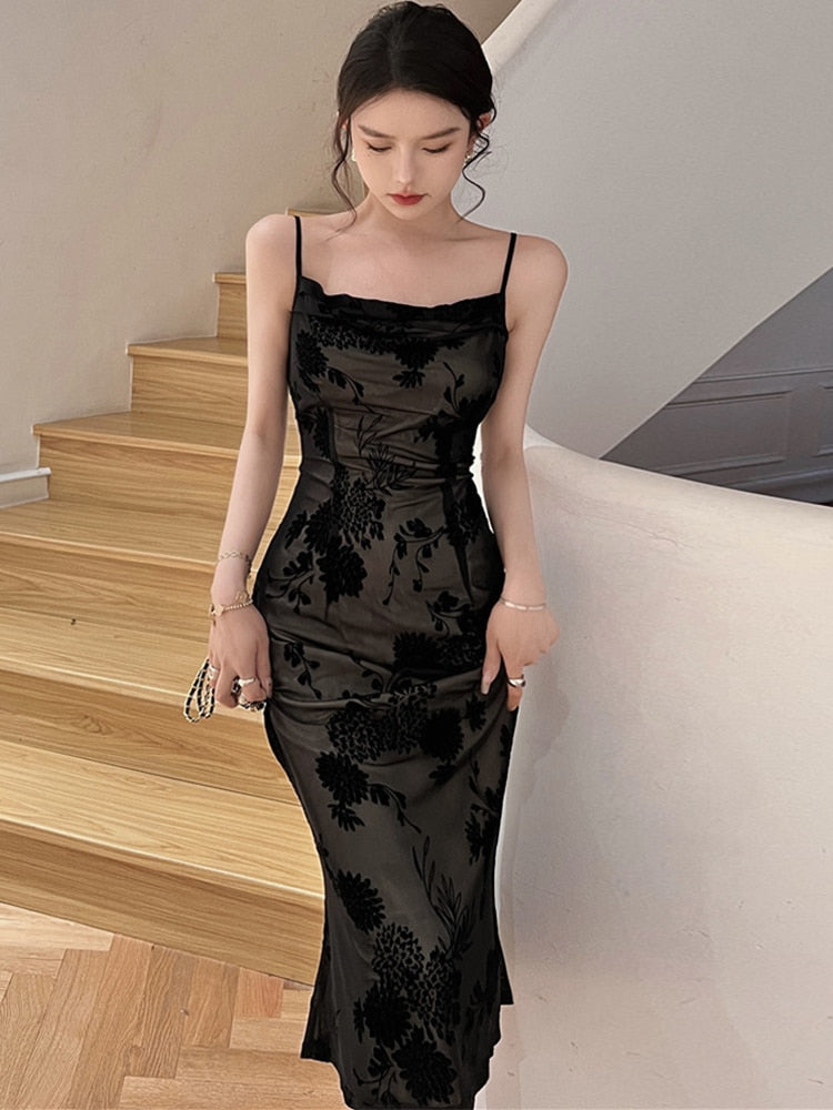 vmtvr - Lace Black Elegant Women Dress Vintage Strap Embroidery Floral Mermaid Midi Club Gown Robe Femme Ropa Sexy Mujer Verano Vestidos