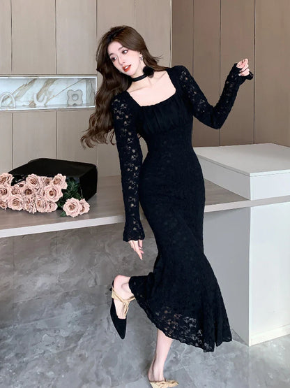 vmtvr Women Elegant Square Collar Camellia Mermaid Lace Dress Autumn Winter 2024 French Temperament Flare Sleeve Plush Warm Long Skirt