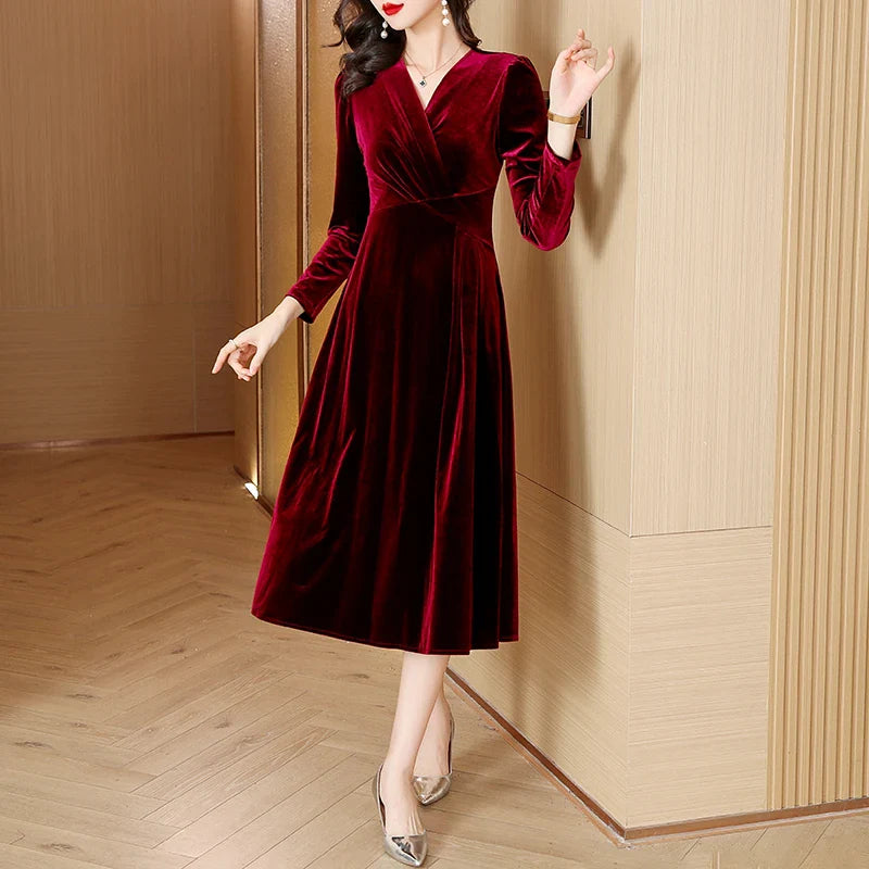 vmtvr  -  Red Velvet V-Neck Casual Loose Long Dress Autumn Winter Korean Vintage  Prom Dresses Women Elegant Luxury Vestidos