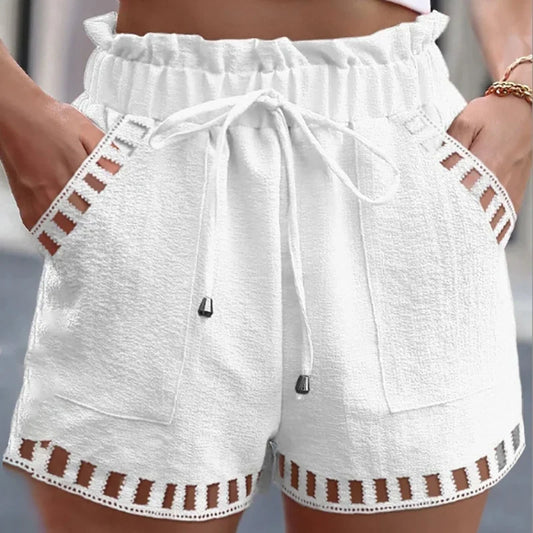 vmtvr 2024 Spring Summer Solid Cotton Linen Shorts Women Sexy Tie-up High Waist Short Pants Vintage Casual Hollow Out Boho Beach Short