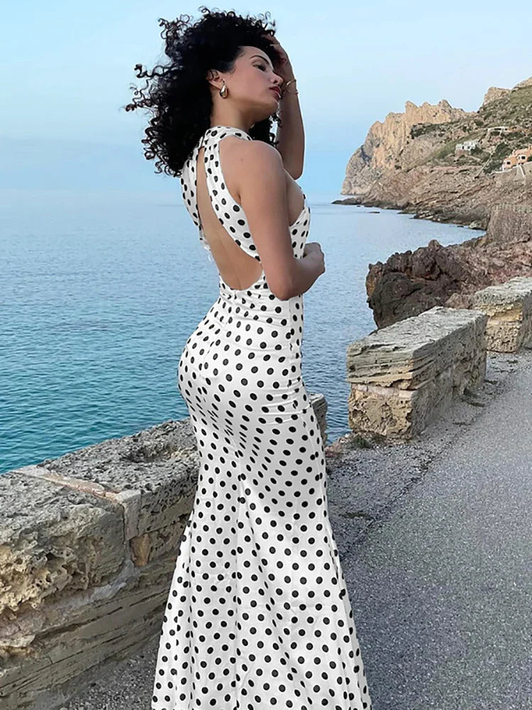 vmtvr Sexy Backless Print Dots Women Maxi Dress White Sleeveless High Waist Halter Dress 2024 Summer Skinny Party Clubwear