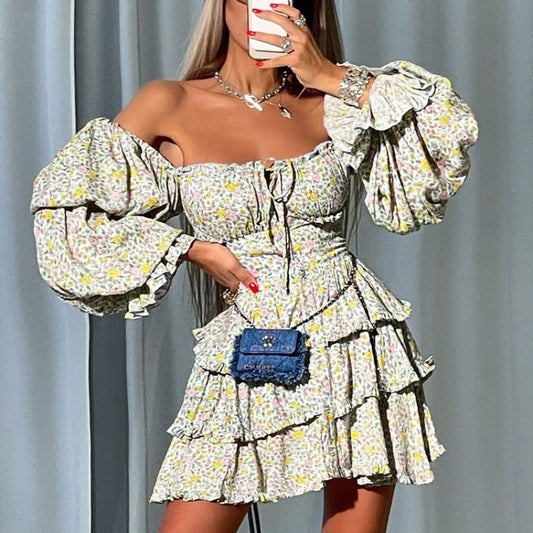 vmtvr  -  Sexy Strapless Floral Dress Spring and Summer Women's Slash Neck Personal Casual Layered Ruffle Edge Bubble Sleeve Fluffy Dress