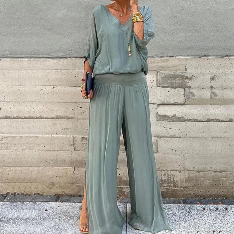 vmtvr Female Casual Solid Loose Chiffon Suit Spring V Neck Backless Top Pullover & Pleated Pants Outfits Summer Half Sleeve Women Sets