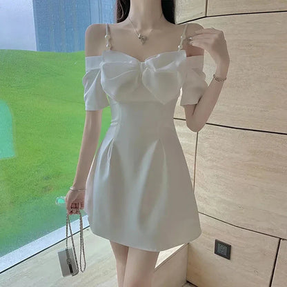 vmtvr Bow Sexy Slash Neck Dress Women Summer Korean Elegant White Mini Dress Fashion All Match Party Night Camis Vestidos